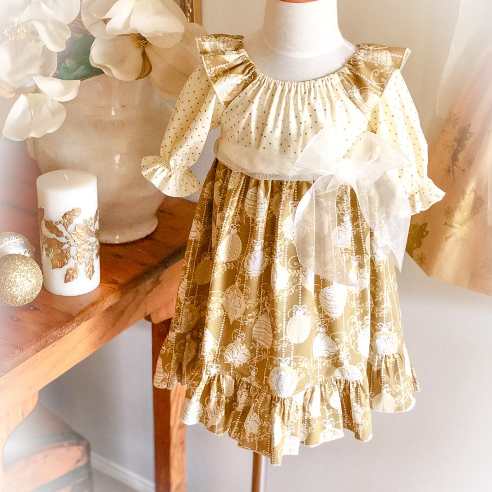 Holiday Party Dress in beautiful festive colors of cream and golds.  Size 18/24m